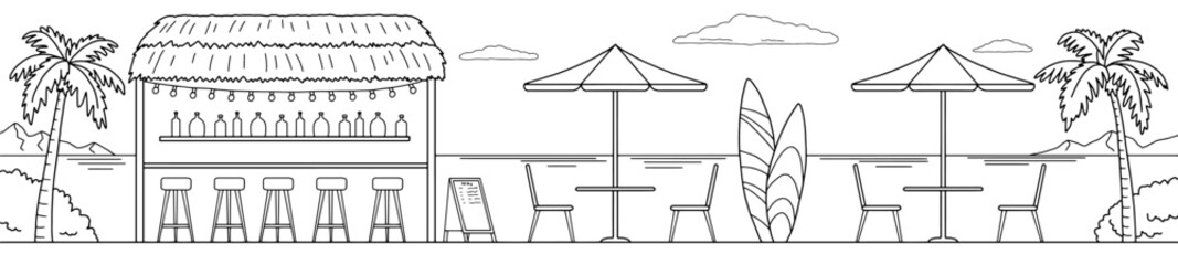 Beach cafe bar graphic black white landscape long sketch illustration vector 