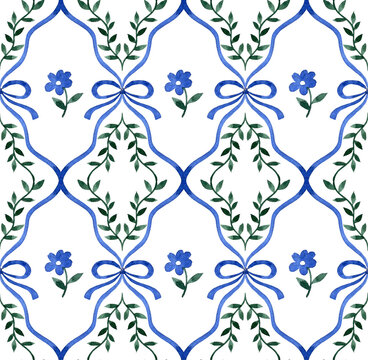 Fototapeta classic seamless watercolor pattern with cute blue flowers on tiles. 