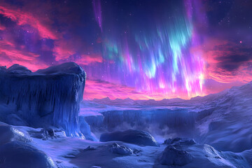Naklejka premium A breathtaking view of the aurora borealis illuminating the icy landscape, casting vibrant, swirling colors across the night sky. This surreal scene evokes magic and wonder, shows nature's beauty.