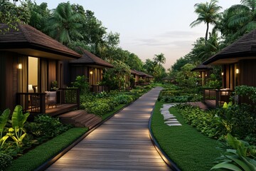 Fototapeta premium A beautiful agrihood senior community with cozy cottages surrounded by lush organic gardens, seniors happily tending to plants