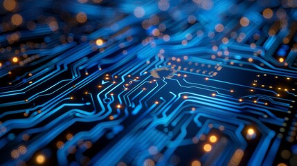 Exploration of advanced technology showing intricate circuit board details with blue lighting effects