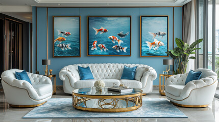 luxurious living room interior with an inviting ambiance, featuring a sofa, chairs, a coffee table, and artistic paintings