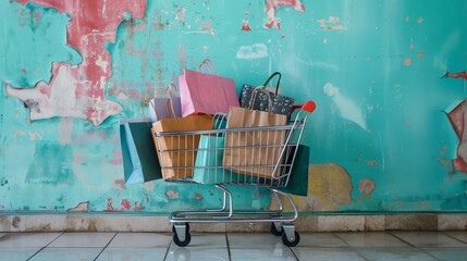 A shopping cart full of colorful shopping bags in front of a peeling, blue wall.