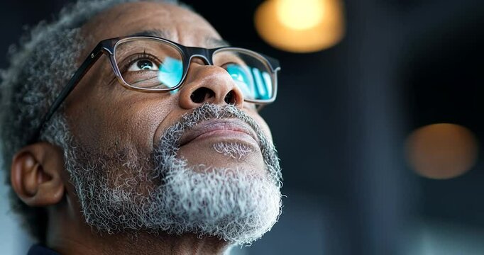 Close-up portrait of a contemplative senior man with graying hair and beard, wearing glasses, looking upwards. Soft lighting, dark background