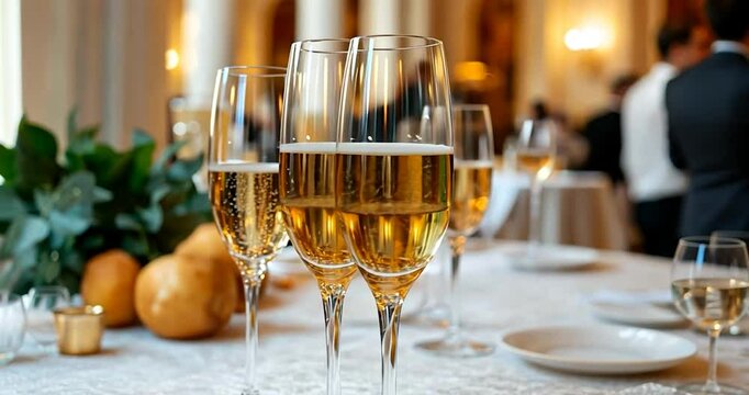 Close-up of three champagne flutes filled with sparkling golden liquid on a table, blurry background of a formal event