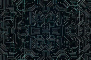 Abstract close-up of a glowing blue digital circuit board, showcasing intricate connections and technological design on a black background.
