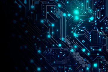 Abstract close-up of a glowing blue digital circuit board, showcasing intricate connections and technological design on a black background.
