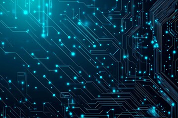 Abstract close-up of a glowing blue digital circuit board, showcasing intricate connections and technological design on a black background.
