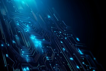 Abstract close-up of a glowing blue digital circuit board, showcasing intricate connections and technological design on a black background.
