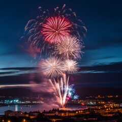 Spectacular Fireworks Display Over Cityscape at Night with Colorful Explosions