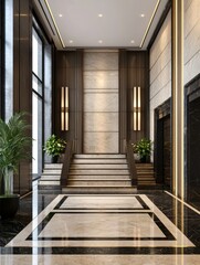A modern lobby featuring elegant marble flooring, stylish lighting, and lush plants, creating a sophisticated entrance.