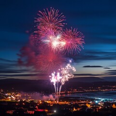 Spectacular Fireworks Display Over Cityscape at Night with Colorful Explosions