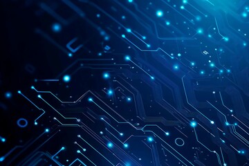 Abstract close-up of a glowing blue digital circuit board, showcasing intricate connections and technological design on a black background.
