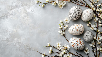 Easter background with easter eggs and spring flowers. Top view with copy space.