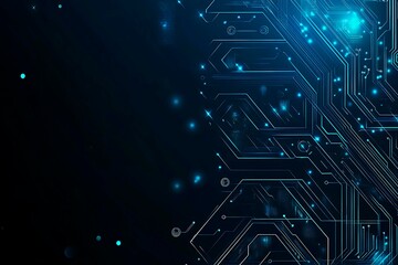 Abstract close-up of a glowing blue digital circuit board, showcasing intricate connections and technological design on a black background.
