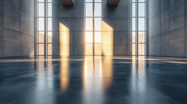 Modern concrete hall with glowing windows, embodying simplicity and clean minimalism in architectural design.