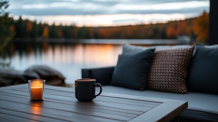 Fototapeta premium Lakeside patio, autumnal sunset, cozy drinks