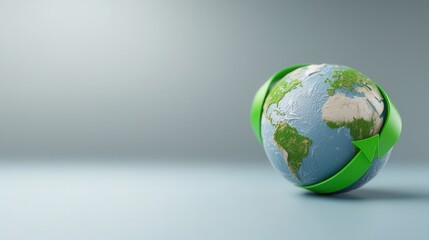 Fototapeta premium Recycling themed Earth with Curved Green Arrows Representing Sustainability and Environmental Protection A 3D showcasing a globe with green arrows curving around it symbolizing the circular economy