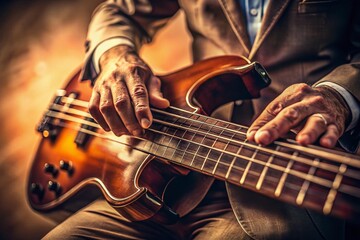 Fototapeta premium Vintage Photo of Musician's Hand on Bass Guitar Strings - Warm Tones, Sepia