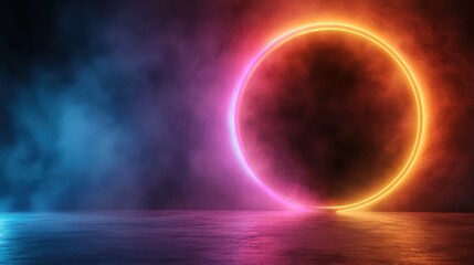 This captivating image showcases a glowing circle merging shades of orange and pink, set against a smoky background, illustrating abstract energy and movement.