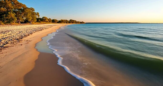 Golden hour sunlight bathes a tranquil beach scene.  Gentle waves lap a sandy shore lined with trees under a clear blue sky. Peaceful, serene coastal landscape