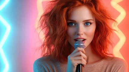 A joyful red-haired girl confidently holding a microphone, surrounded by colorful neon lights, embodying a lively spirit and passion for music in this vibrant scene.
