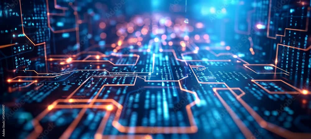 Poster Circuit network motherboard system. Wireless data transfer process. Generative video AI technology.	
