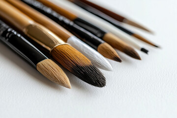 Fototapeta premium Art supplies collection of calligraphy brushes isolated on white background studio environment close-up view for creative projects and artistic expression