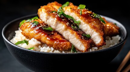 A delectable dish of fried chicken served over a bed of rice, drizzled with savory sauce and adorned with green garnish for a flavorful and satisfying meal.