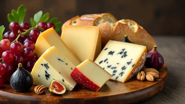 A wooden board with a variety of cheeses and fruits on it. There are two slices of cheese, one of which is a wedge of blue cheese. There are also two slices of bread, one of which is a baguette