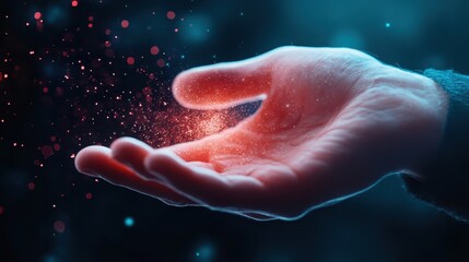 An open hand, releasing a cascade of glowing particles, evokes feelings of wonder and inspiration, capturing the beauty of light against a subtly colored backdrop.