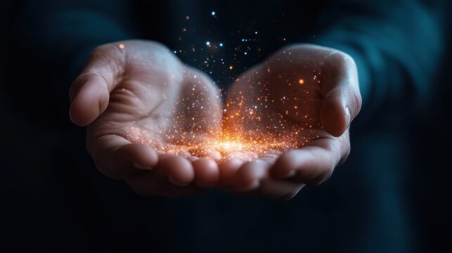 Both hands cradle starry particles of light, depicting an ethereal connection between the physical and the abstract, merging emotion and artistry in a dance of illumination.
