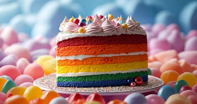 Rainbow layered cake with white frosting, colorful sprinkles, and gummy candies. Shot against a pastel background
