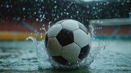 Fototapeta premium Soccer ball in action with splashing water, highlighting speed and power.