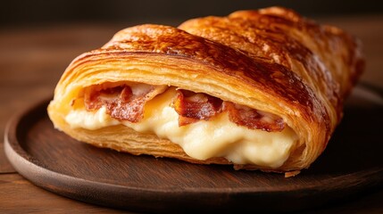 A delectable ham and cheese croissant, showcasing flaky layers of pastry combined with creamy cheese and savory ham, perfect for breakfast or snacking.