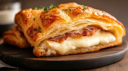 A fresh croissant stuffed with creamy filling and crispy bacon, beautifully garnished with herbs, making it an ideal choice for a delightful breakfast or brunch.