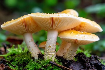 Close-up of clustered mushrooms in forest floor
