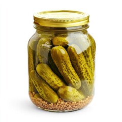 Pickled cucumbers in glass jar, studio shot, on white background