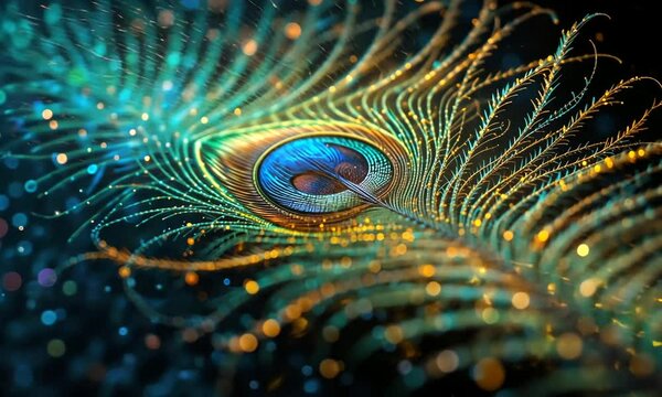 A close-up of an iridescent peacock feather with intricate metallic hues of blue, green, and gold, symbolizing beauty and elegance