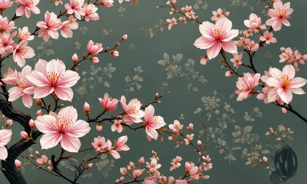 Seamless floral pattern of cherry blossoms on a dark textured background, evoking vintage and elegant design elements