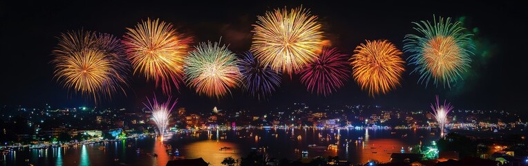 Spectacular Fireworks Display Over Cityscape at Night with Colorful Explosions