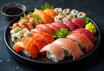 Fresh salmon sushi slices with wasabi grace a gourmet plate