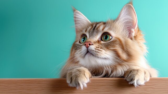 Vibrant photo of a fluffy ginger tabby cat wearing a lab coat and peeking curiously over the edge of a desk or table  The cat has a playful