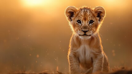 Fototapeta premium This captivating image showcases a focused lion cub with a vibrant sunset behind, illustrating the natural beauty of wildlife and stirring emotions of wonder and admiration.