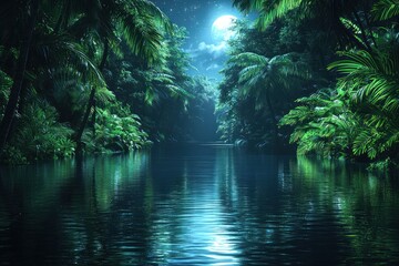 Fototapeta premium Lush jungle river at night
