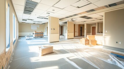 A hospital wing under renovation with state-of-the-art medical equipment and sterile, modern designs