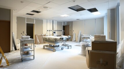 A hospital wing under renovation with state-of-the-art medical equipment and sterile, modern designs