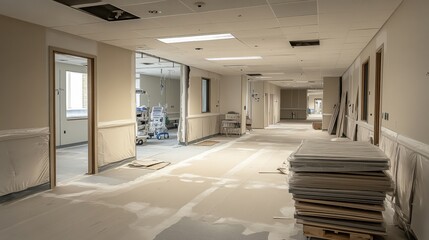 A hospital wing under renovation with state-of-the-art medical equipment and sterile, modern designs