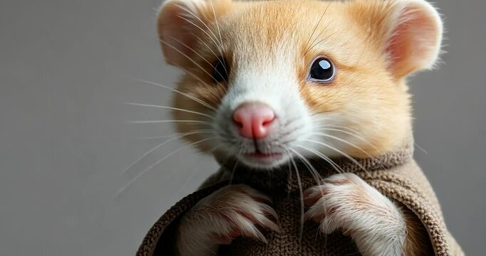 Adorable orange ferret wearing a brown sweater against a gray background. Close-up shot showing the ferret's expressive eyes and delicate paws