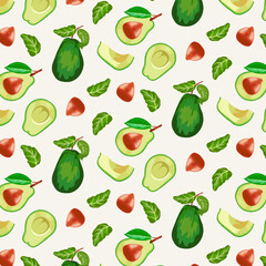 Avocado fruits in a pattern.Vector seamless pattern with whole and cut avocado fruits on a colored background.